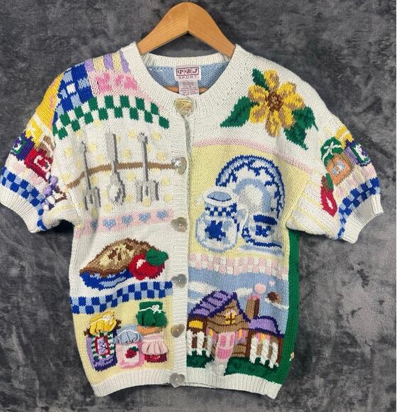 PBJ Sport Sweaters - VTG 90s PBJ Sport Hand-Knit Art-To-Wear Embroidered Cardigan Sweater Medium